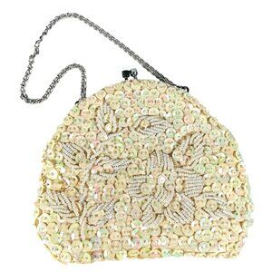 Flapper Beaded Sequined Evening Bag Kiss Clasp VTG Purse Silver Chain Strap